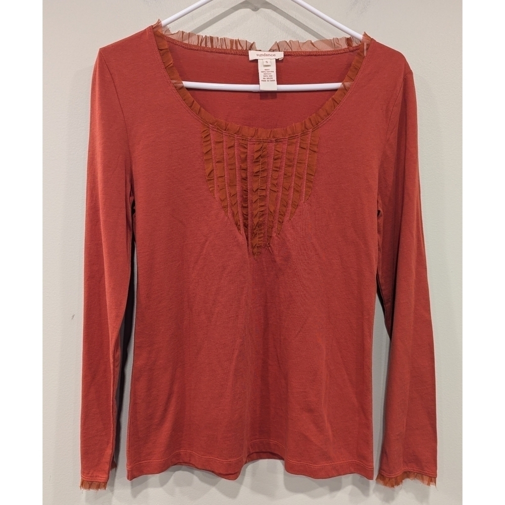 Sundance Catalog Burnt Orange Cotton Top With Silk Ruffles Size Small